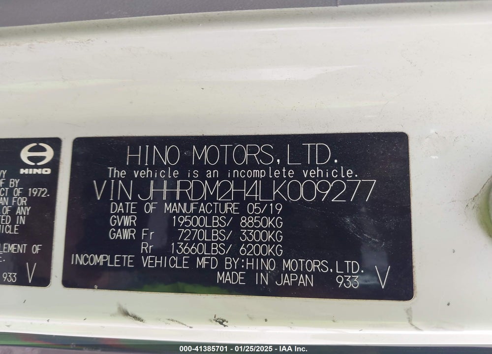 2020 HINO XJC720/XFC720 VIN: JHHRDM2H4LK009277