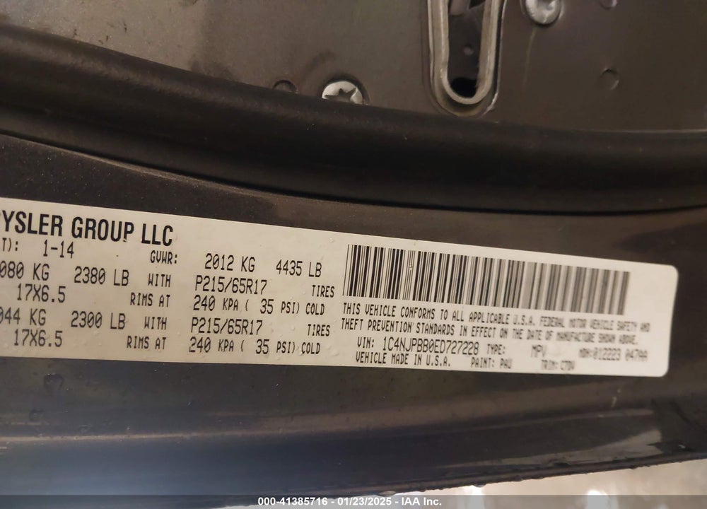 2014 JEEP PATRIOT SPORT VIN: 1C4NJPBB0ED727228