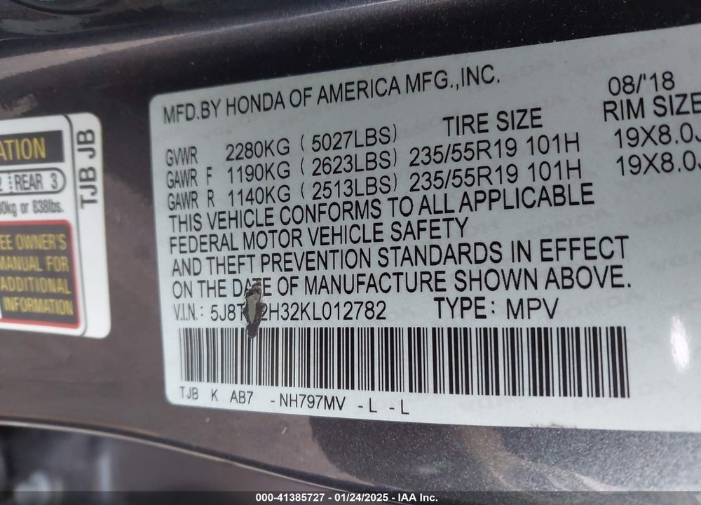 2019 ACURA RDX STANDARD VIN: 5J8TC2H32KL012782
