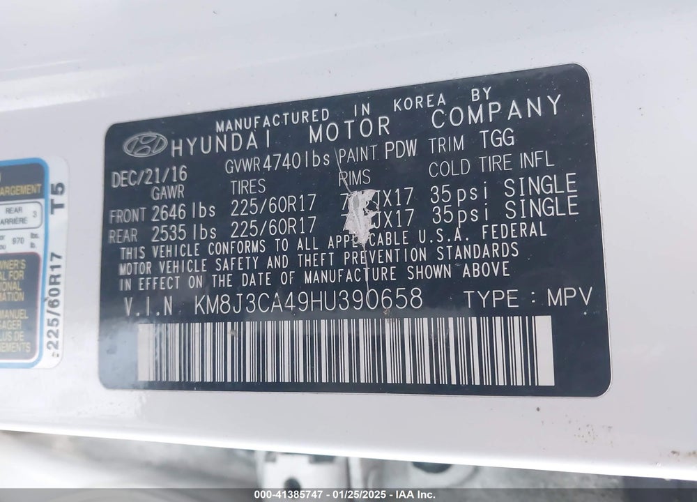 2017 HYUNDAI TUCSON SE VIN: KM8J3CA49HU390658