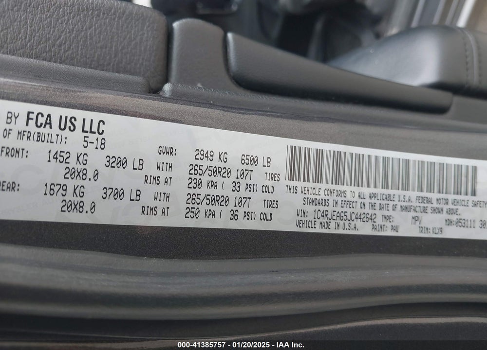 2018 JEEP GRAND CHEROKEE ALTITUDE 4X2 VIN: 1C4RJEAG5JC442642