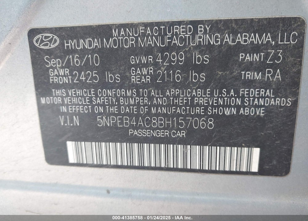 2011 HYUNDAI SONATA VIN: 5NPEB4AC8BH157068