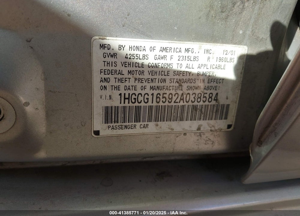 2002 HONDA ACCORD 3.0 EX VIN: 1HGCG16592A038584