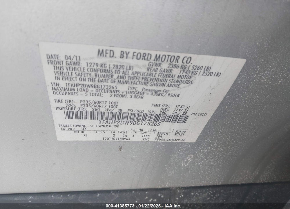 2011 FORD TAURUS VIN: 1FAHP2DW9BG173265