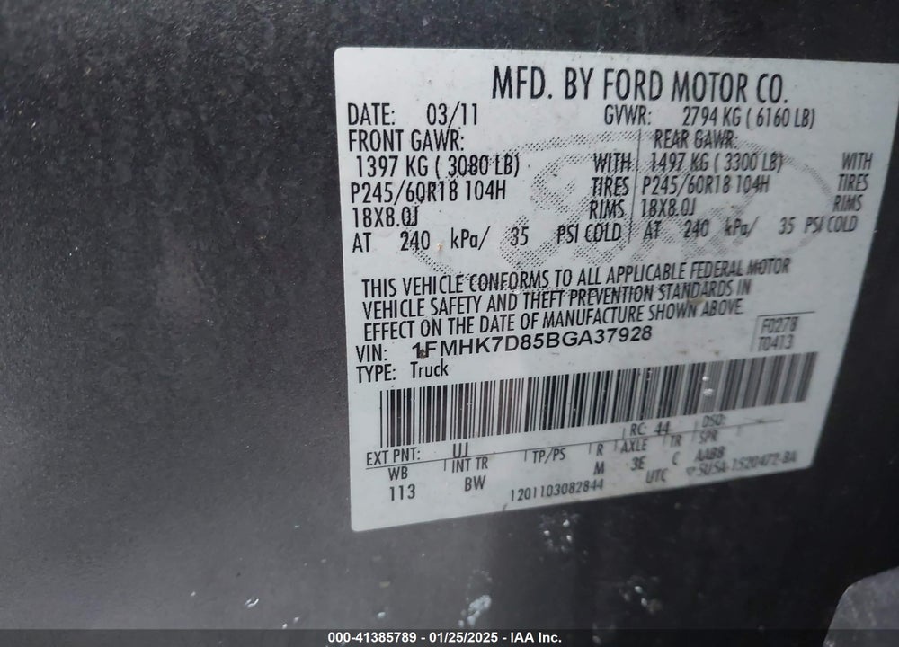 2011 FORD EXPLORER XLT VIN: 1FMHK7D85BGA37928