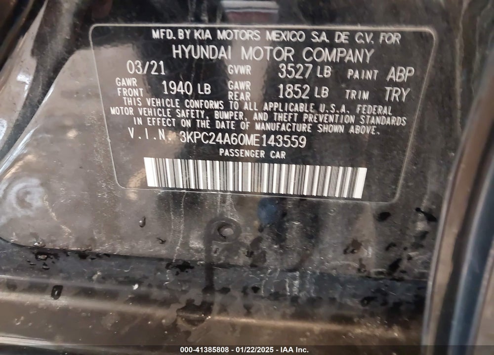 2021 HYUNDAI ACCENT VIN: 3KPC24A60ME143559