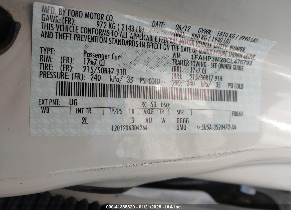2012 FORD FOCUS SEL VIN: 1FAHP3M28CL476792