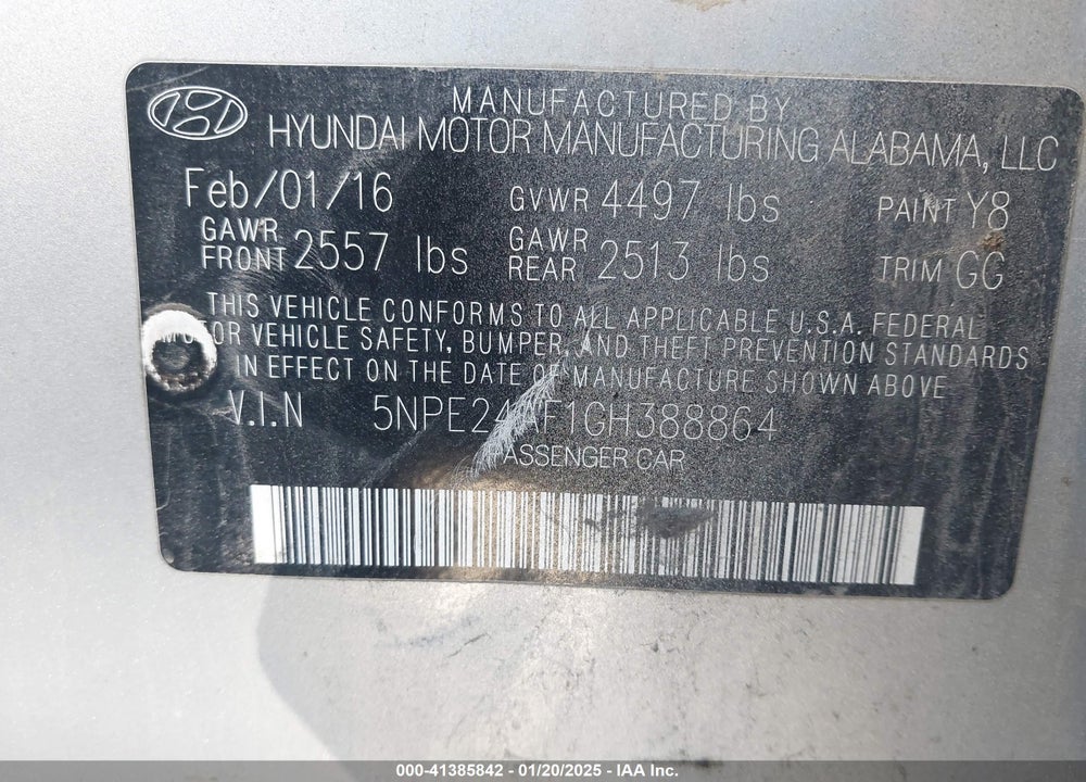 2016 HYUNDAI SONATA SE VIN: 5NPE24AF1GH388864