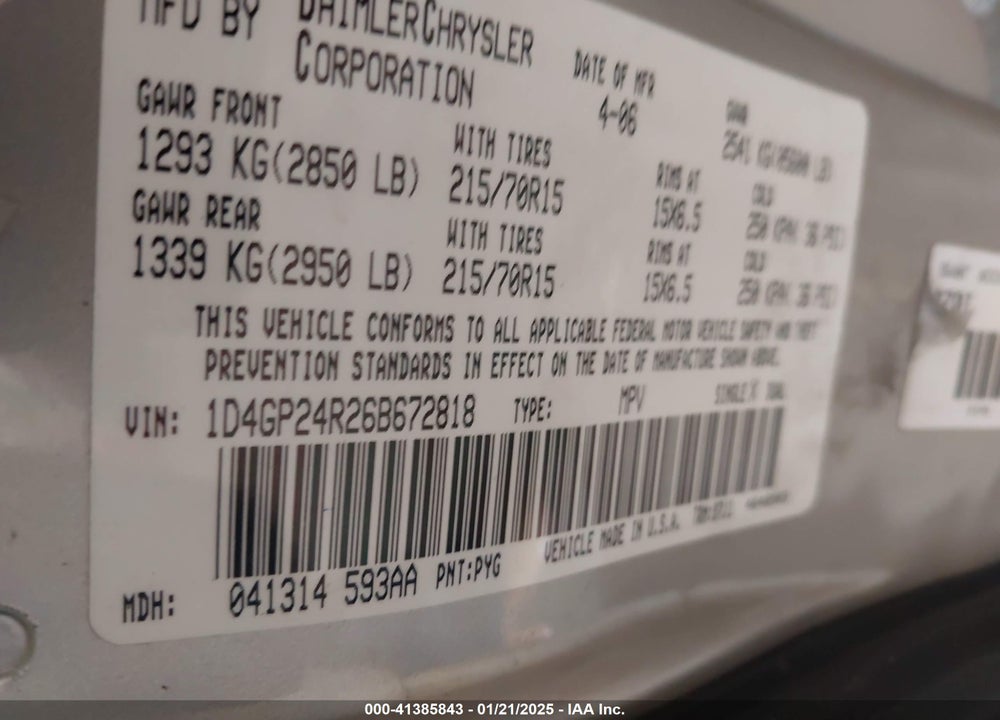 2006 DODGE GRAND CARAVAN SE VIN: 1D4GP24R26B672818