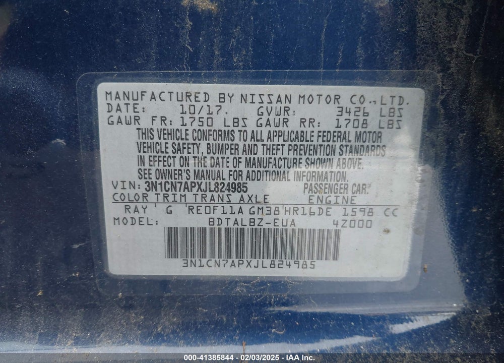 2018 NISSAN VERSA VIN: 3N1CN7APXJL824985