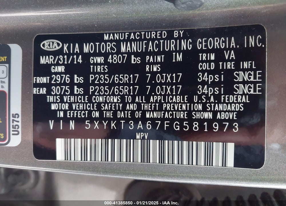2015 KIA SORENTO LX VIN: 5XYKT3A67FG581973