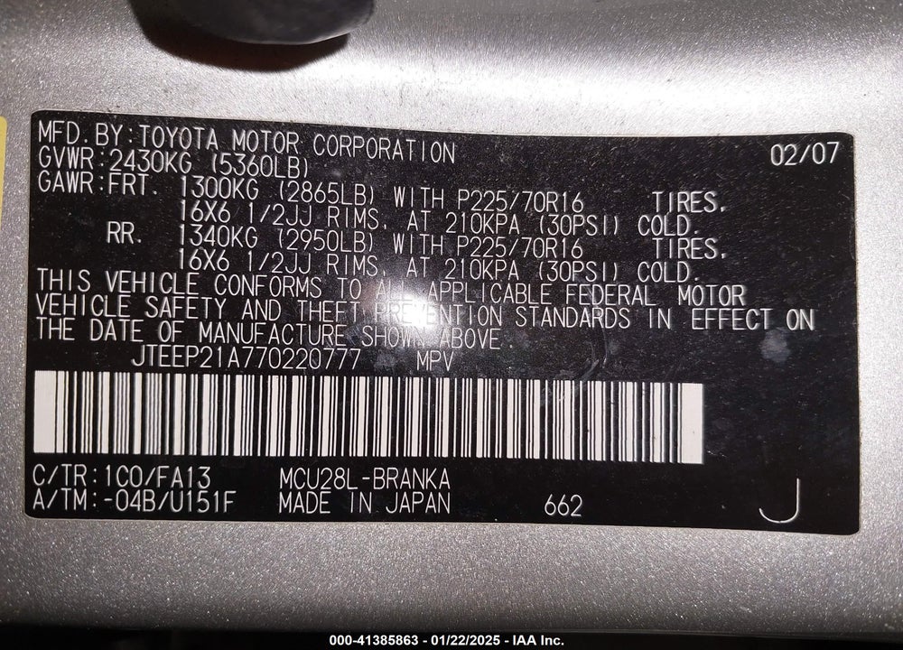 2007 TOYOTA HIGHLANDER V6 VIN: JTEEP21A770220777