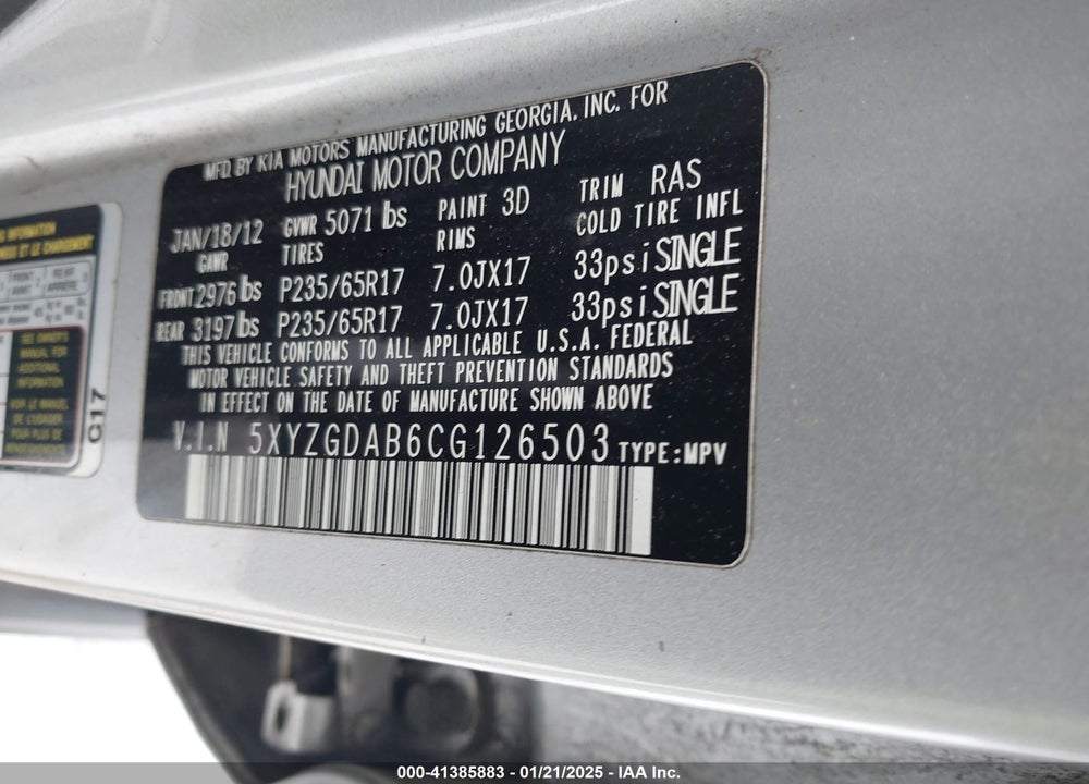 2012 HYUNDAI SANTA FE GLS VIN: 5XYZGDAB6CG126503