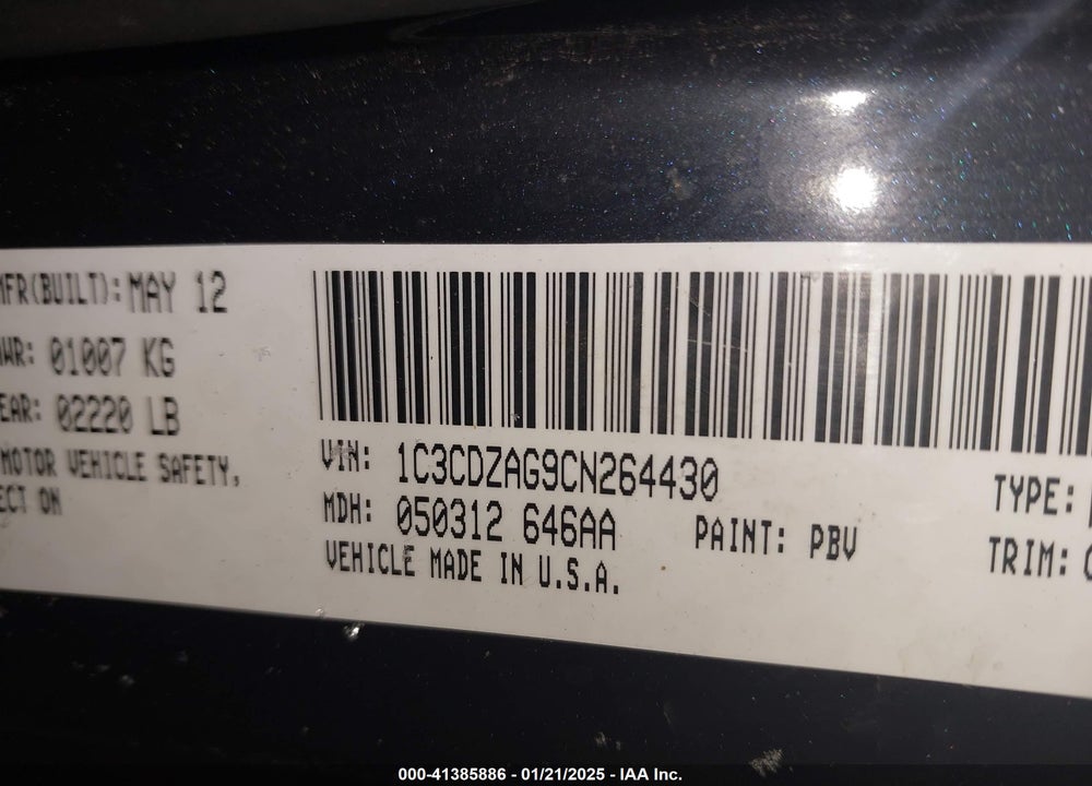 2012 DODGE AVENGER VIN: 1C3CDZAG9CN264430