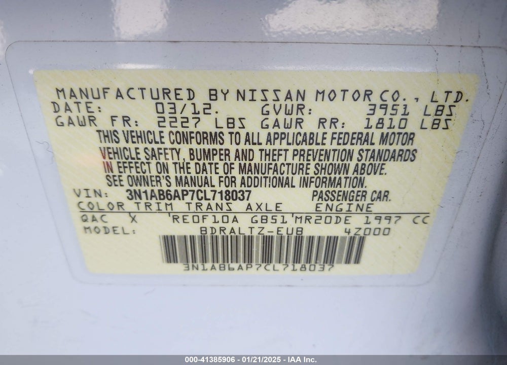 2012 NISSAN SENTRA 2.0 S VIN: 3N1AB6AP7CL718037