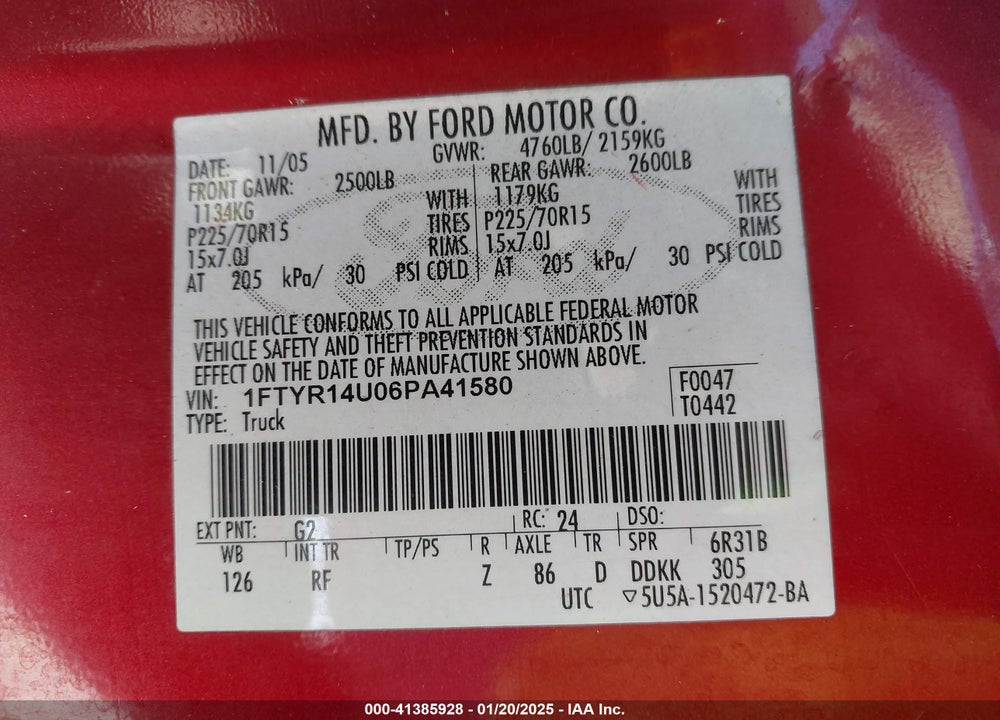 2006 FORD RANGER SPORT/STX/XL/XLT VIN: 1FTYR14U06PA41580