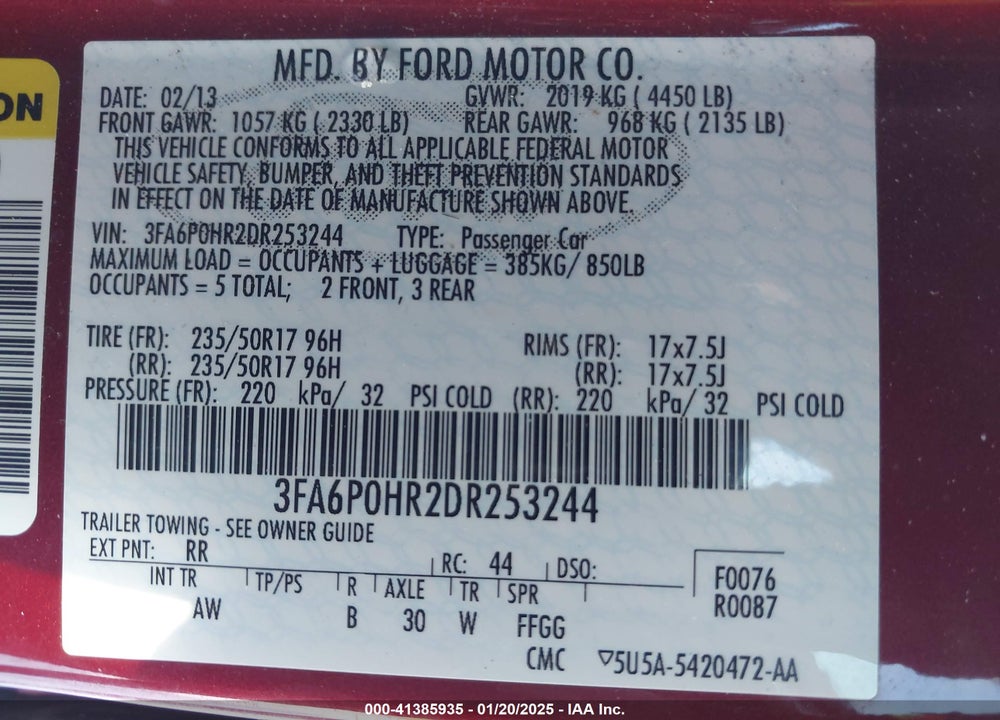 2013 FORD FUSION VIN: 3FA6P0HR2DR253244