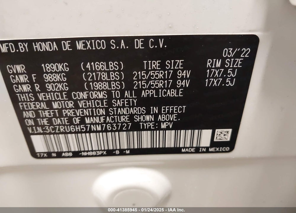 2022 HONDA HR-V AWD EX VIN: 3CZRU6H57NM763727