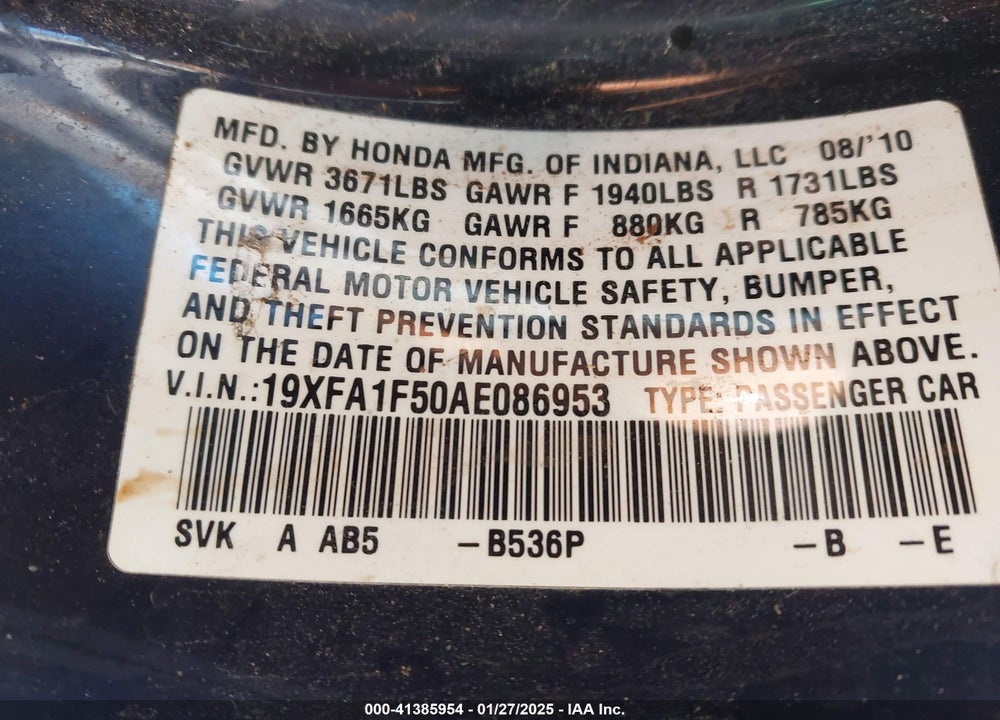 2010 HONDA CIVIC LX VIN: 19XFA1F50AE086953