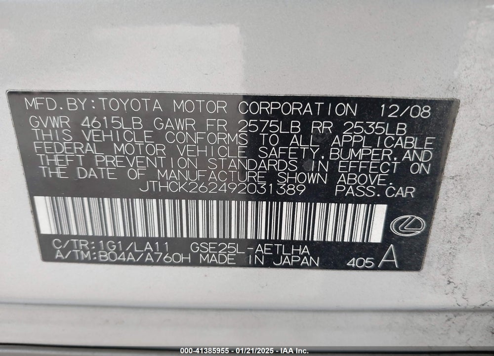 2009 LEXUS IS 250 VIN: JTHCK262492031389