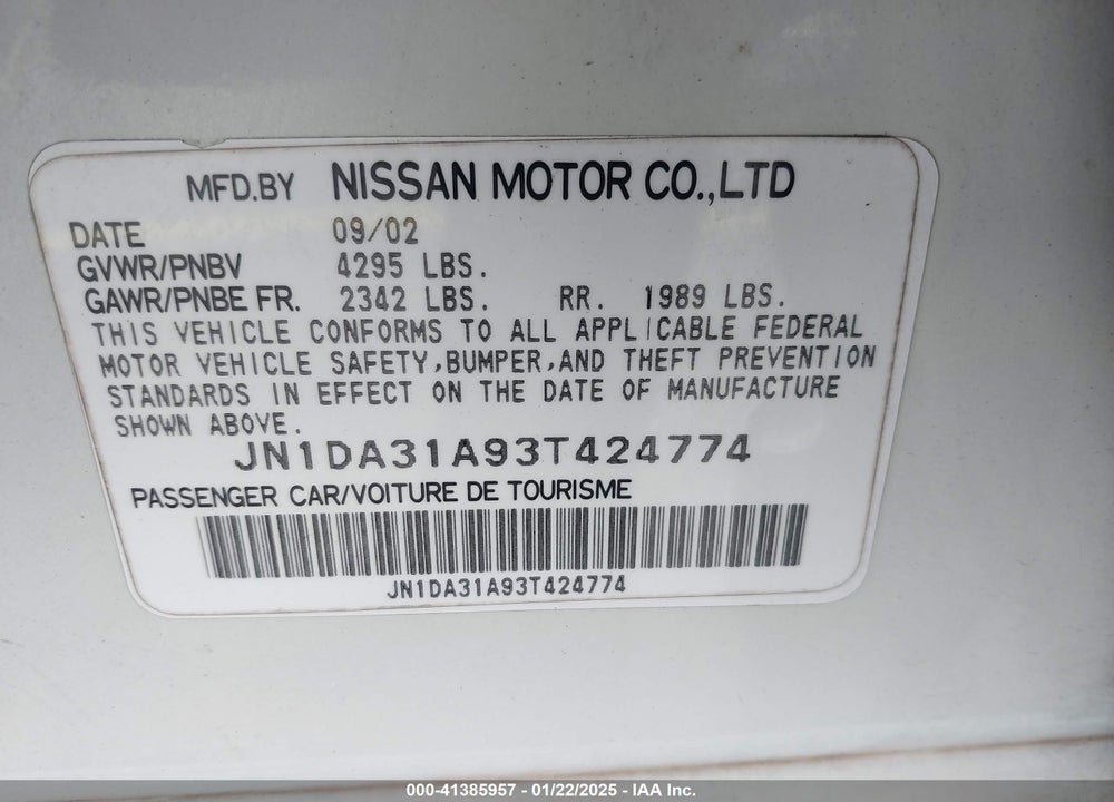 2003 NISSAN MAXIMA GLE VIN: JN1DA31A93T424774