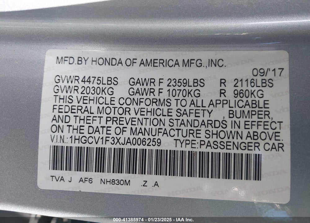2018 HONDA ACCORD SPORT VIN: 1HGCV1F3XJA006259