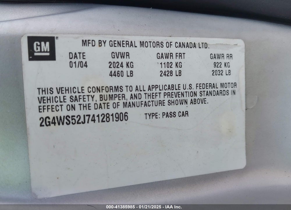 2004 BUICK CENTURY VIN: 2G4WS52J741281906