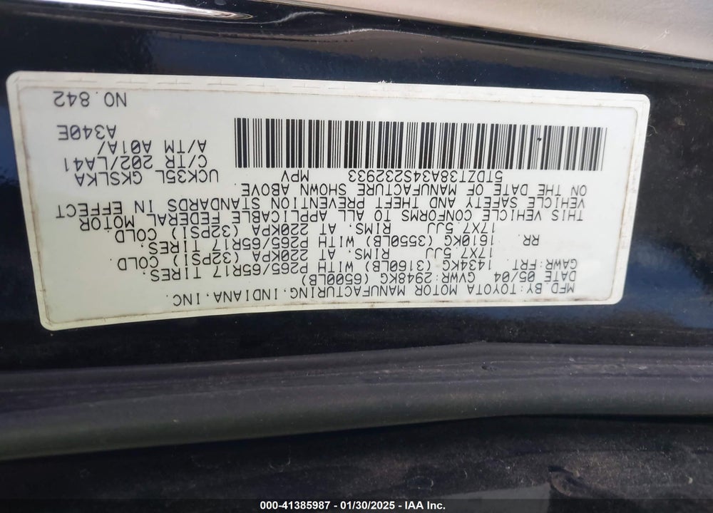 2004 TOYOTA SEQUOIA LIMITED V8 VIN: 5TDZT38A34S232933