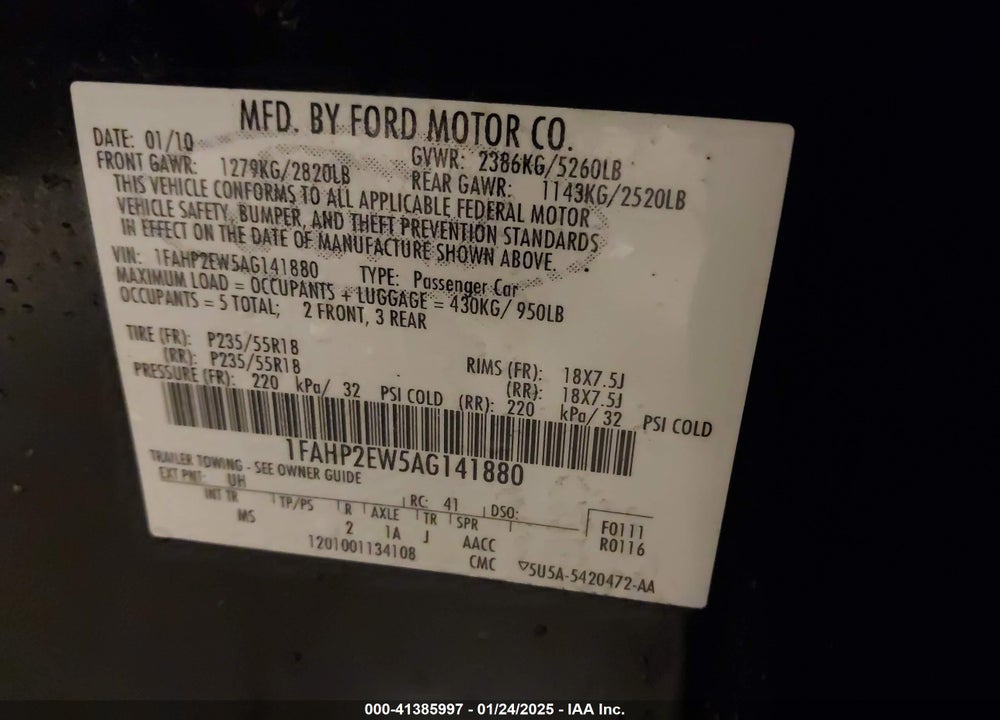 2010 FORD TAURUS SEL VIN: 1FAHP2EW5AG141880