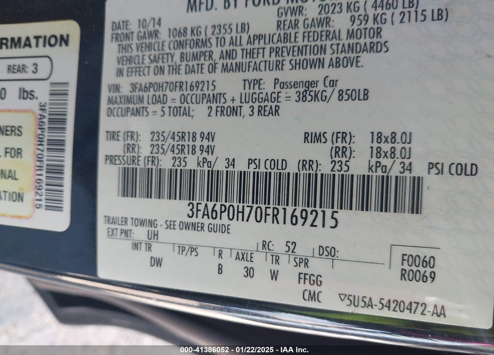 2015 FORD FUSION VIN: 3FA6P0H70FR169215