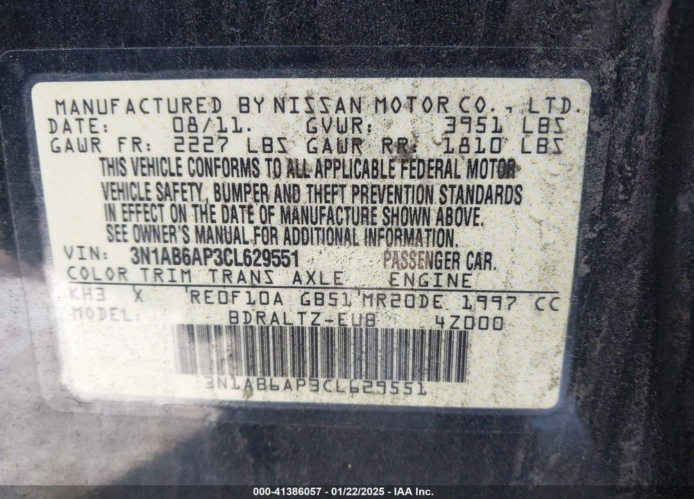 2012 NISSAN SENTRA VIN: 3N1AB6AP3CL629551