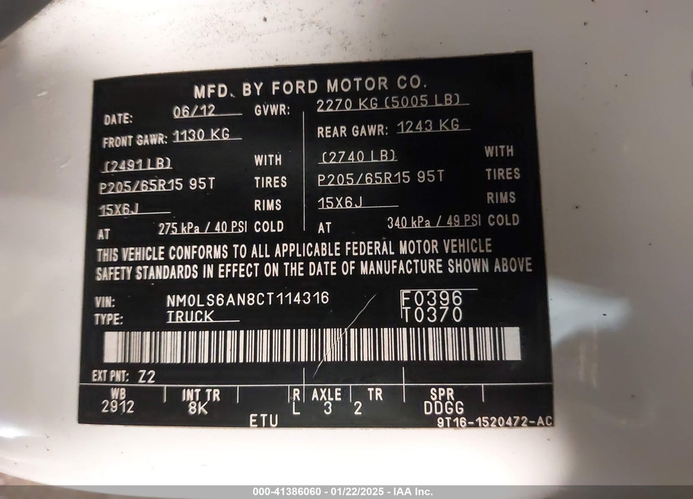 2012 FORD TRANSIT CONNECT XL VIN: NM0LS6AN8CT114316
