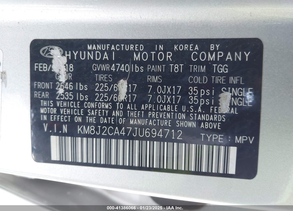 2018 HYUNDAI TUCSON SE VIN: KM8J2CA47JU694712