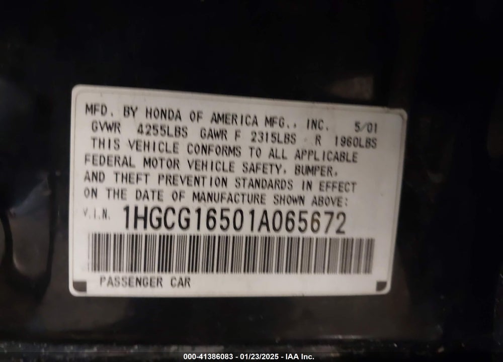 2001 HONDA ACCORD 3.0 EX VIN: 1HGCG16501A065672