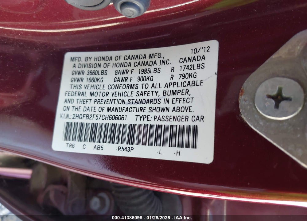 2012 HONDA CIVIC LX VIN: 2HGFB2F57CH606061