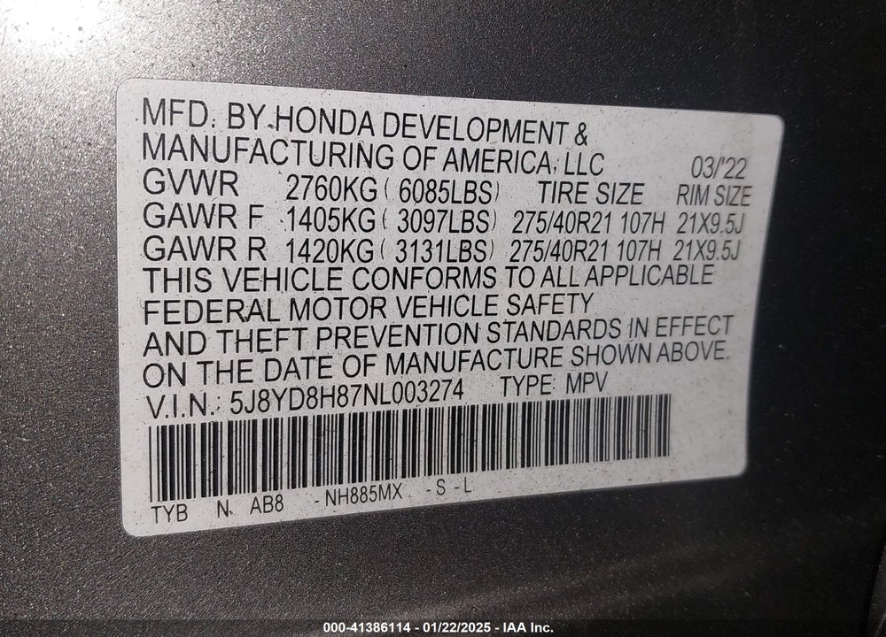 2022 ACURA MDX TYPE S W/ADVANCE PACKAGE VIN: 5J8YD8H87NL003274