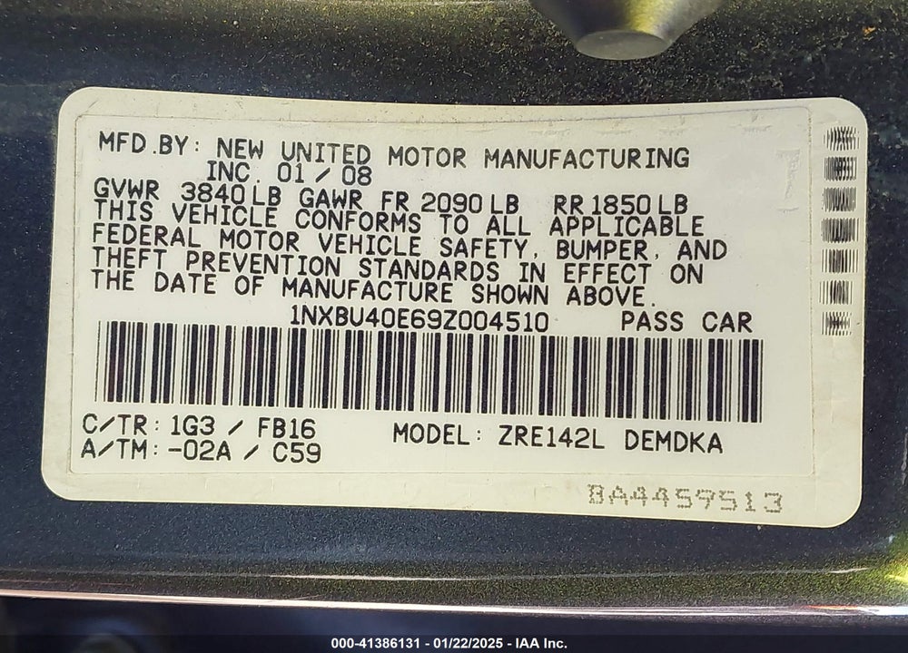 2009 TOYOTA COROLLA VIN: 1NXBU40E69Z004510