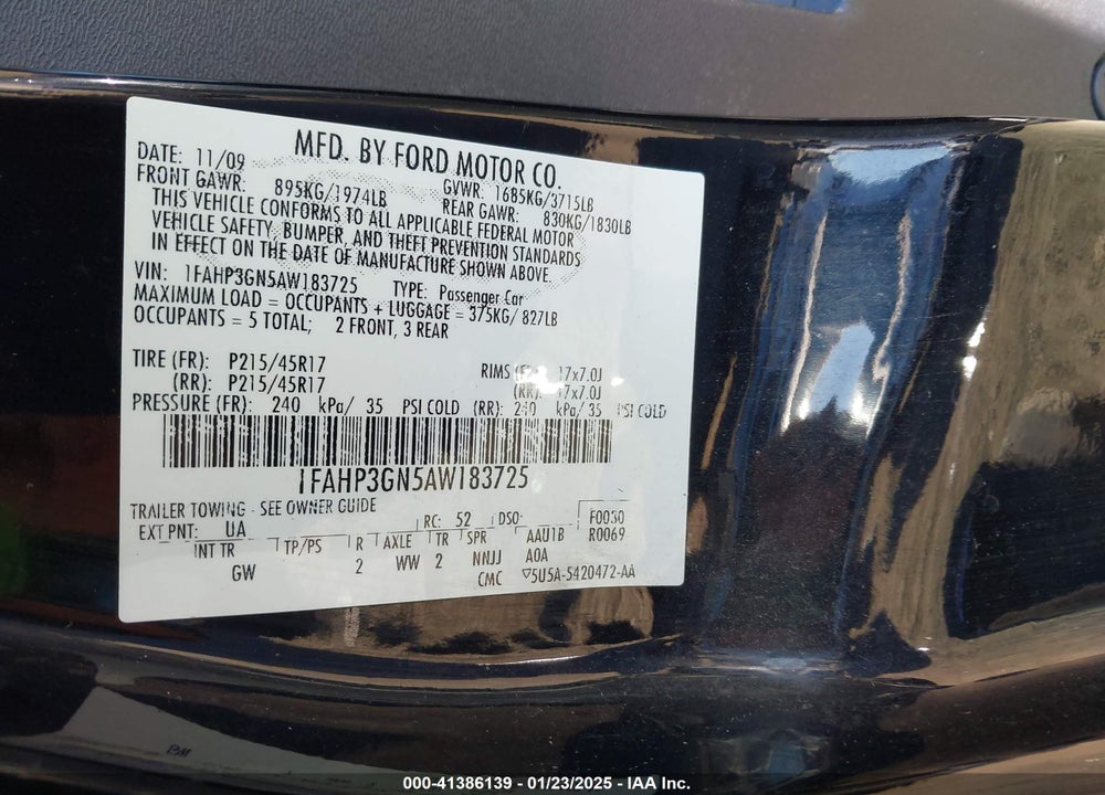 2010 FORD FOCUS VIN: 1FAHP3GN5AW183725