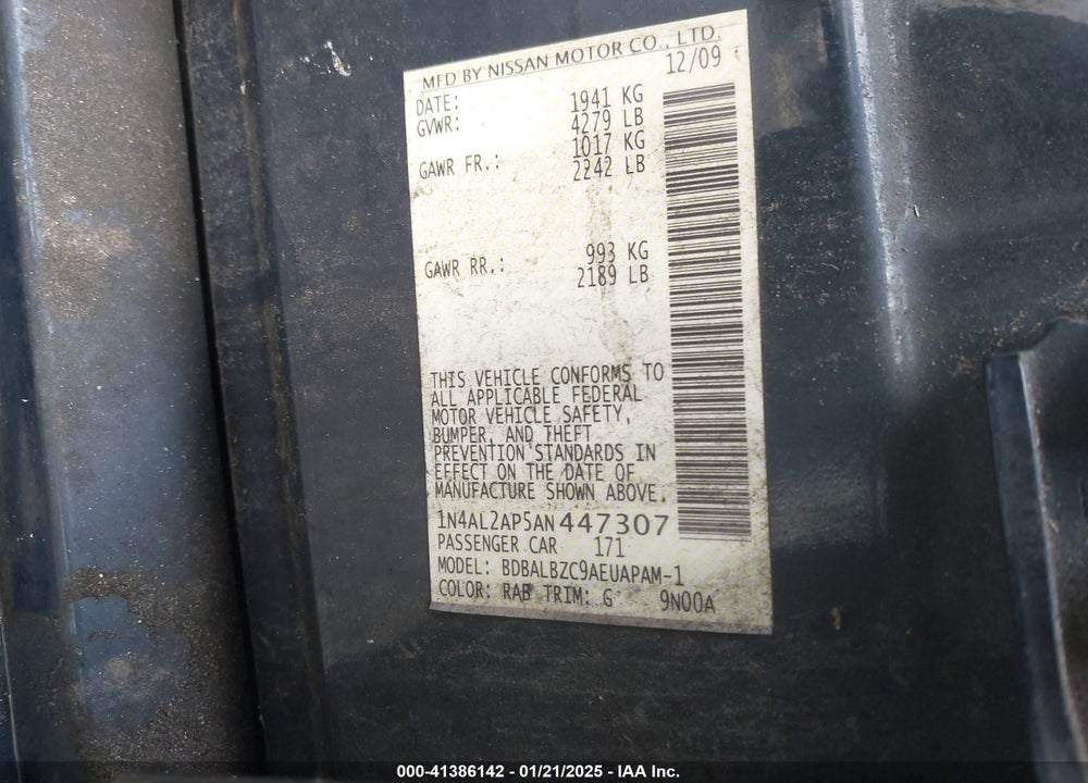 2010 NISSAN ALTIMA VIN: 1N4AL2AP5AN447307
