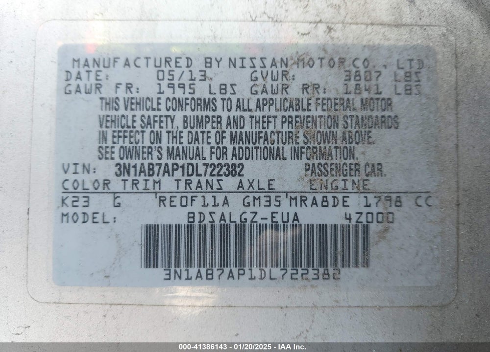 2013 NISSAN SENTRA VIN: 3N1AB7AP1DL722382