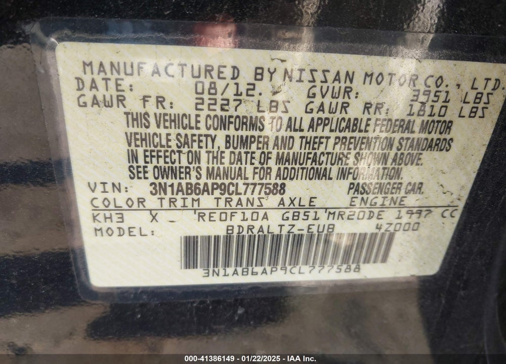2012 NISSAN SENTRA VIN: 3N1AB6AP9CL777588
