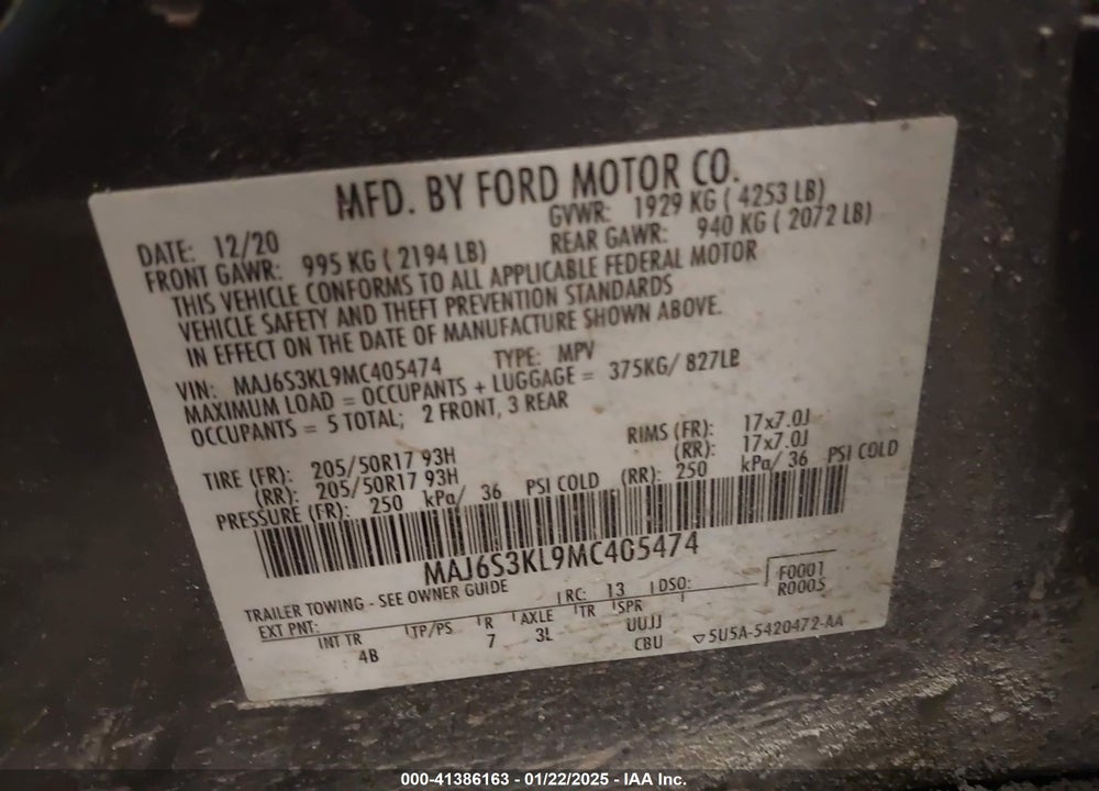 2021 FORD ECOSPORT TITANIUM VIN: MAJ6S3KL9MC405474