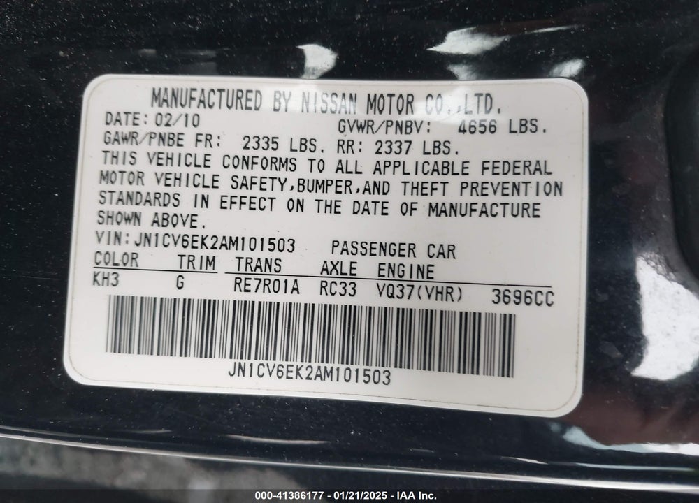 2010 INFINITI G37 VIN: JN1CV6EK2AM101503
