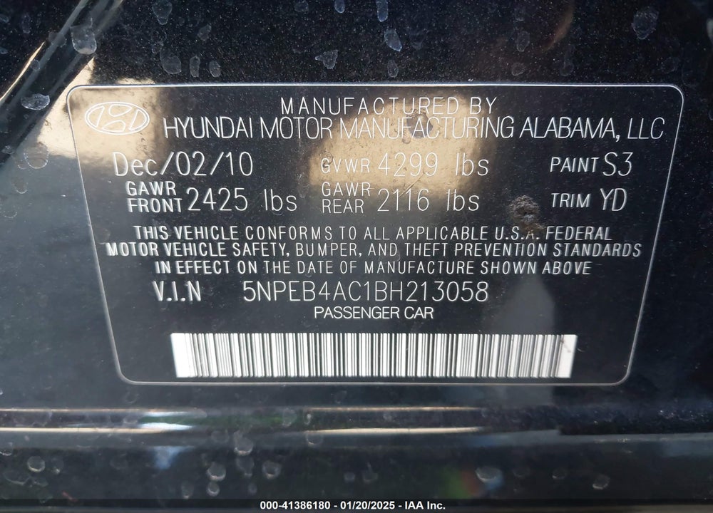 2011 HYUNDAI SONATA VIN: 5NPEB4AC1BH213058