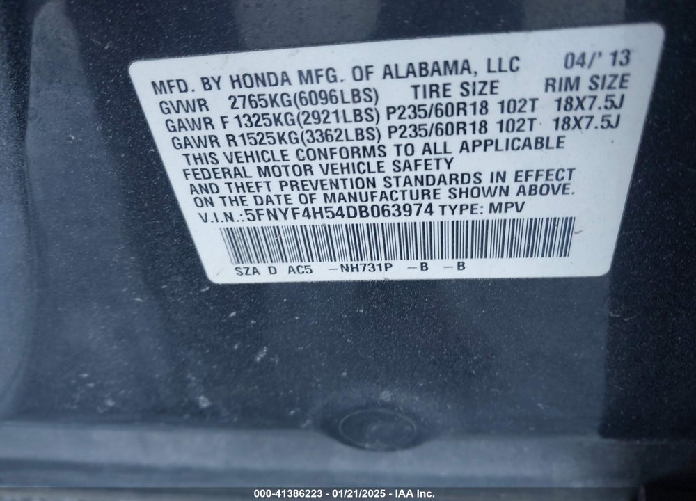 2013 HONDA PILOT EX-L VIN: 5FNYF4H54DB063974