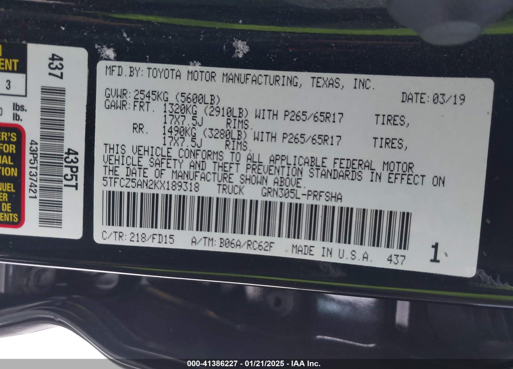 2019 TOYOTA TACOMA VIN: 5TFCZ5AN2KX189318