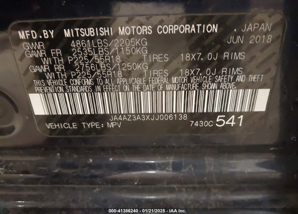 2018 MITSUBISHI OUTLANDER SE VIN: JA4AZ3A3XJJ006138