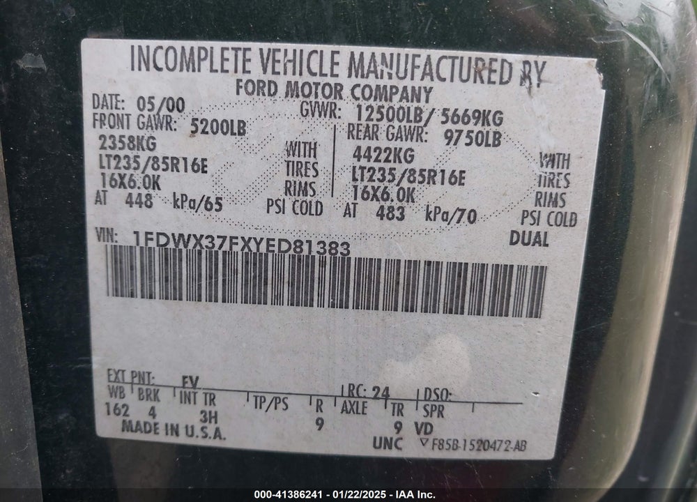 2000 FORD F 350 VIN: 1FDWX37FXYED81383