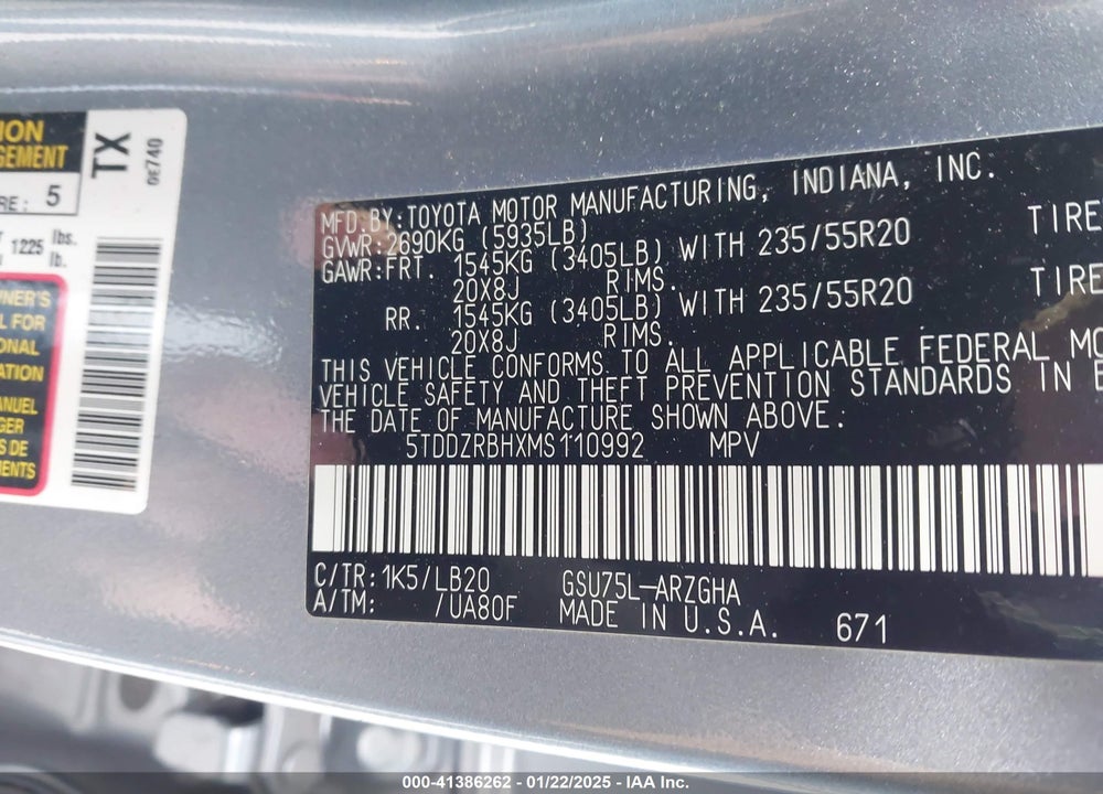 2021 TOYOTA HIGHLANDER LIMITED VIN: 5TDDZRBHXMS110992