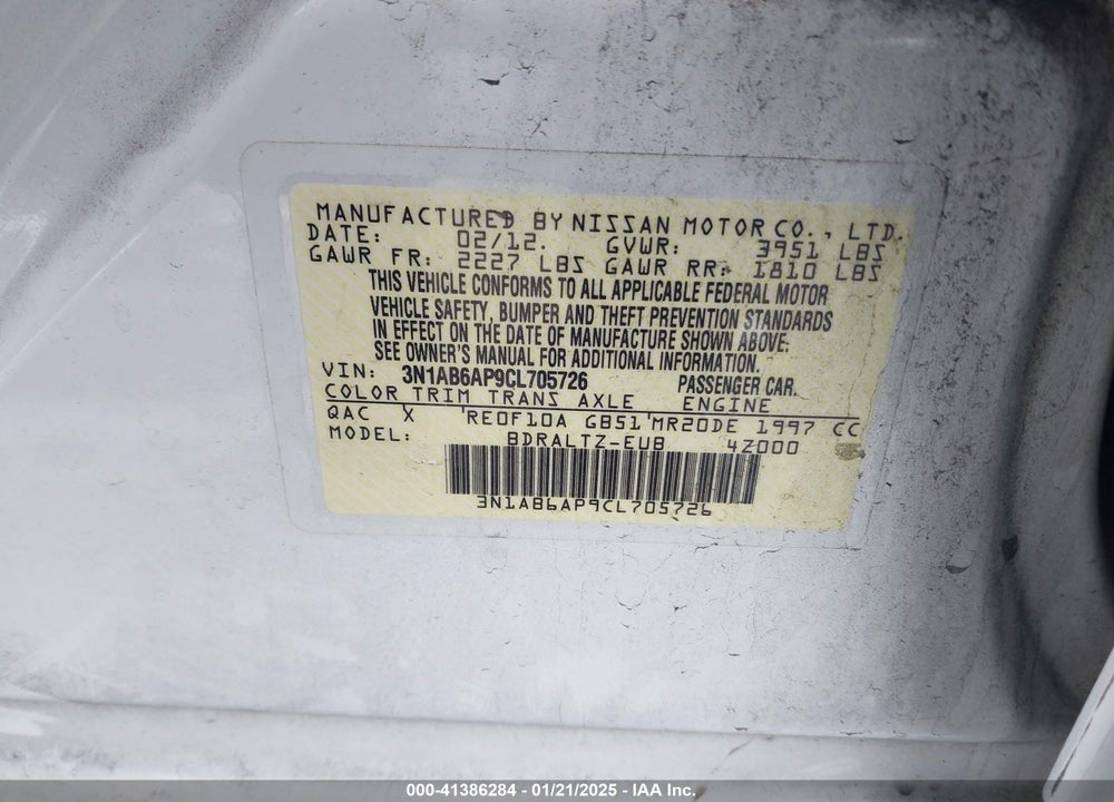 2012 NISSAN SENTRA VIN: 3N1AB6AP9CL705726